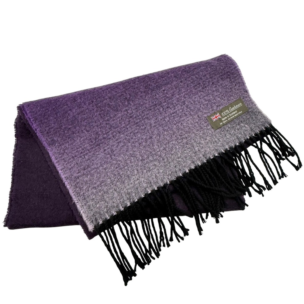 Vintage 90s 100% Cashmere Scarf Made in Scotland Purple Ombre Fringe